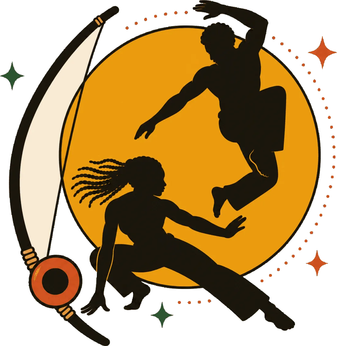 Ilustración de dos capoeiristas jugando frente a un berimbau y un sol