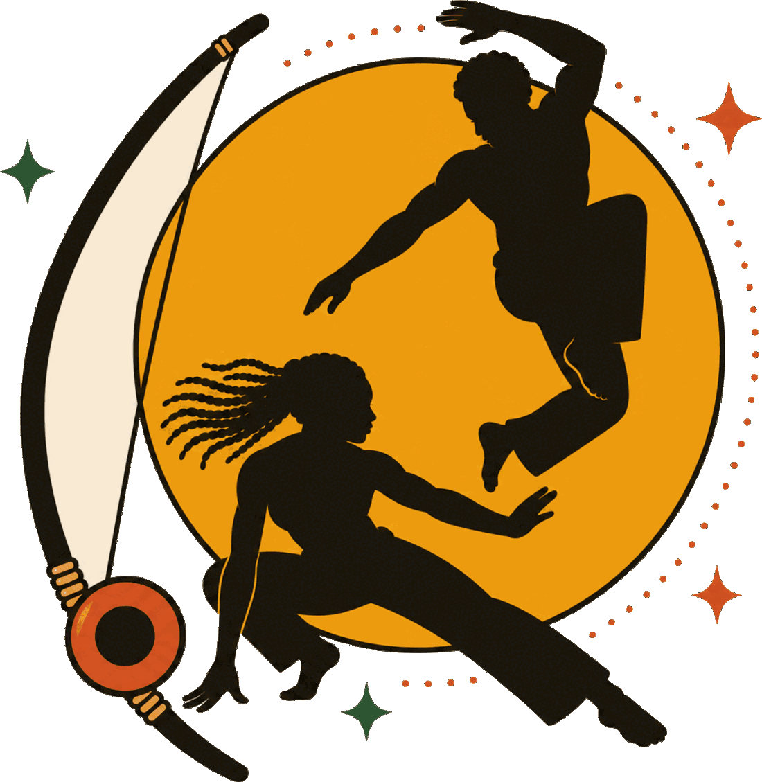 Ilustración de dos capoeiristas jugando frente a un berimbau y un sol